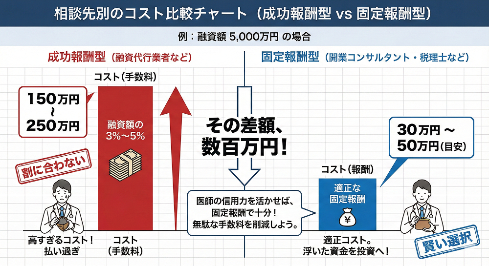 相談先別のコスト比較チャート（成功報酬型 vs コンサル固定報酬）
